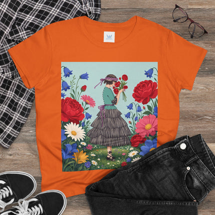🌹💙 The Rose Bouquet Promenade Cotton Tee – Art Deco Floral Whimsy