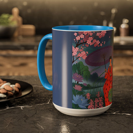 The Lady Of The Cherry Blossoms Colorful Mugs – Art Deco Spring Elegance