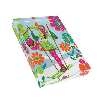 🎿🌸 The Winter Flower Adventurer Acrylic Art Block – Colorful Ski Fantasy