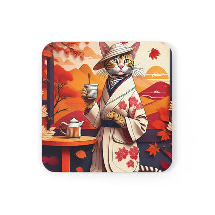 Bengal Cat at a Cozy Autumn Café Cork Back Coaster