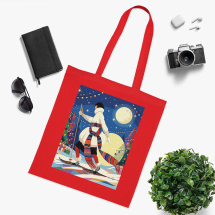🎿🌙 The Moonlit Christmas Skier Cotton Tote Bag – Art Deco Holiday Adventure