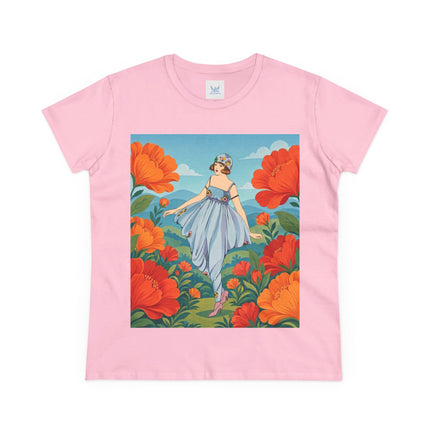 🌺🩵 The Poppy Hill Promenade Cotton Tee – Art Deco Fashion Whimsy