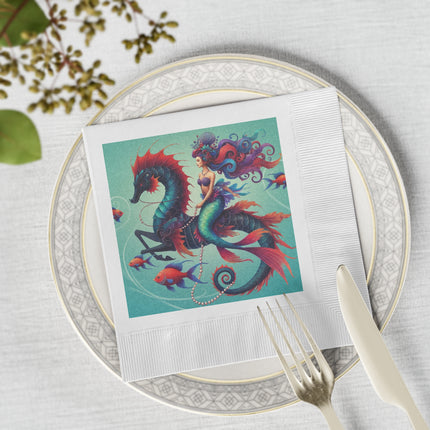 Mermaid & Sea Dragon White Coined Napkins – Ocean Guardian & Mythic Beauty
