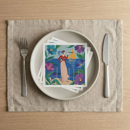 🌊🔭 The Lady Of The Seaside Lookout Napkins – Art Deco Nautical Adventure