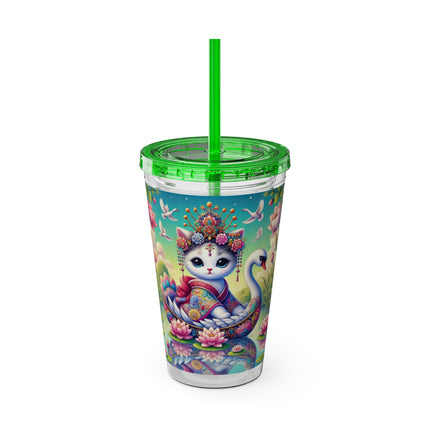 Geisha Kitten’s River Voyage Sunsplash Tumbler with Straw, 16oz