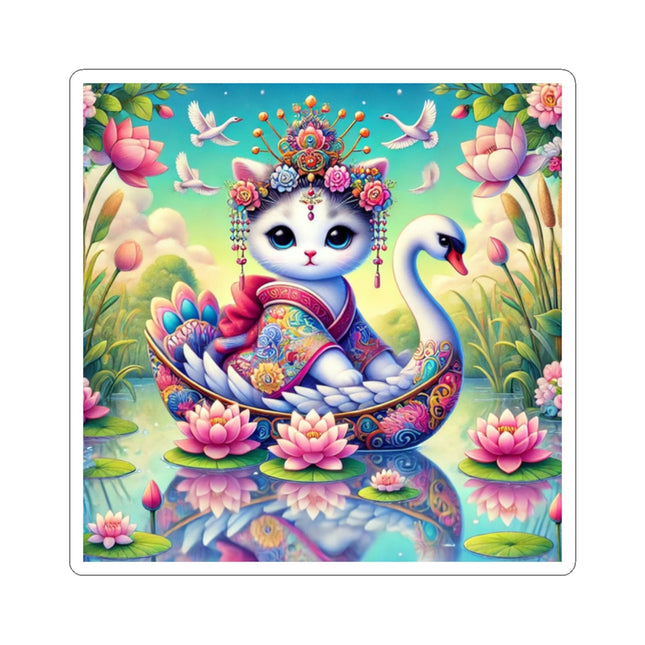 ⛵🐱 Geisha Kitten’s River Voyage Kiss-Cut Sticker – Whimsical Adventure & Storybook Wonder