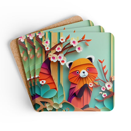 A Playful Red Panda Corkwood Coaster Set