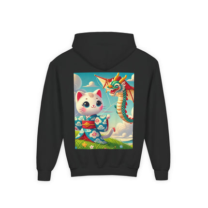 Geisha Kitten and the Dragon Kite Youth Hooded Sweatshirt – Bold Energy & Sky-High Adventure