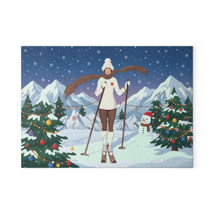 🎿🎄 The Christmas Mountain Skier Glass Cutting Board – Art Deco Winter Holiday Adventure