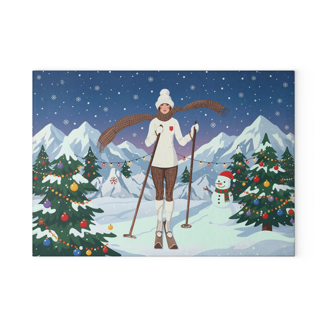 🎿🎄 The Christmas Mountain Skier Glass Cutting Board – Art Deco Winter Holiday Adventure