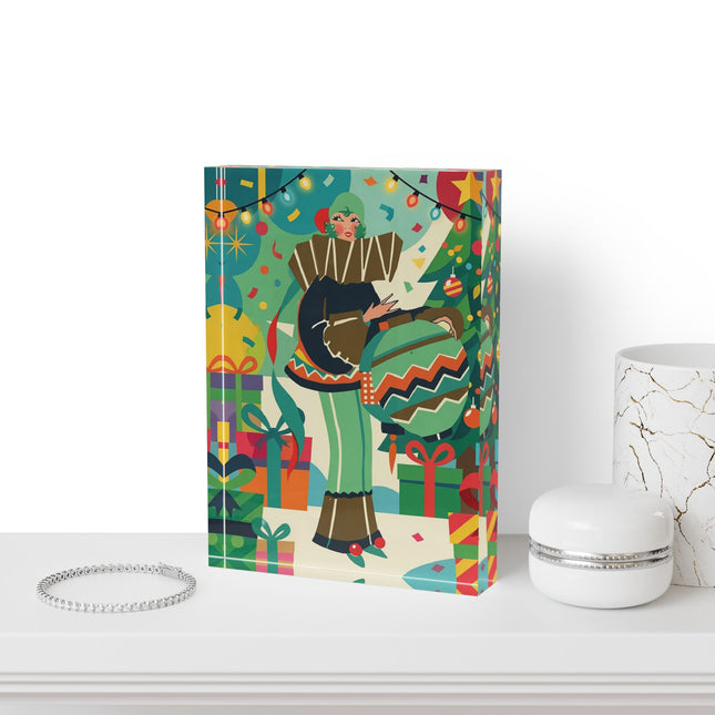 🎄✨ The Lady Of The Christmas Ornament Acrylic Art Block – Art Deco Holiday Fantasy