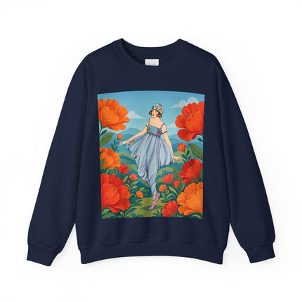 🌺🩵 The Poppy Hill Promenade Crewneck Sweatshirt – Art Deco Fashion Whimsy