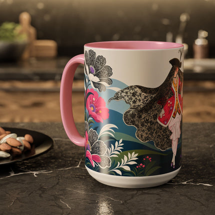 🌸🎀 The Pink Lace Garden Promenade Colorful Mug – Art Deco Fashion Elegance