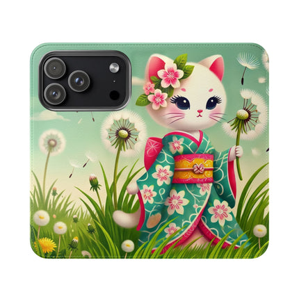 🌾🌼 Geisha Kitten and the Dandelion Wish Flip Case – Gentle Wishes & Quiet Wonder