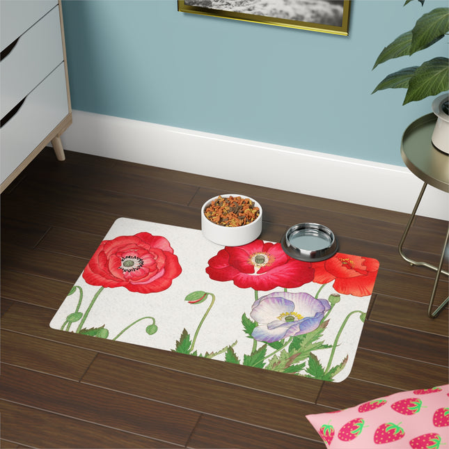 Crimson Poppy Bloom Pet Food Mat – Vibrant Meadow