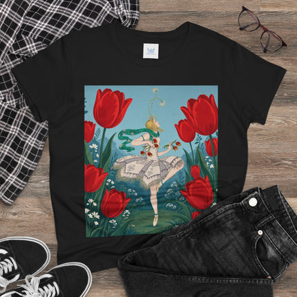 🌷🩰 The Scarlet Tulip Ballet Cotton Tee – Art Deco Floral Whimsy