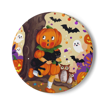 🎃🐈‍⬛ The Pumpkin Child’s Halloween Parade Ceramic Coaster – Whimsical Storybook Charm