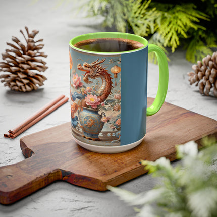 Golden Dragon & Lantern Lady Colorful Mug – Imperial Dragon & Elegant Harmony