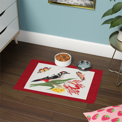 Woodpecker & Butterflies Pet Food Mat – Spring Garden Symphony