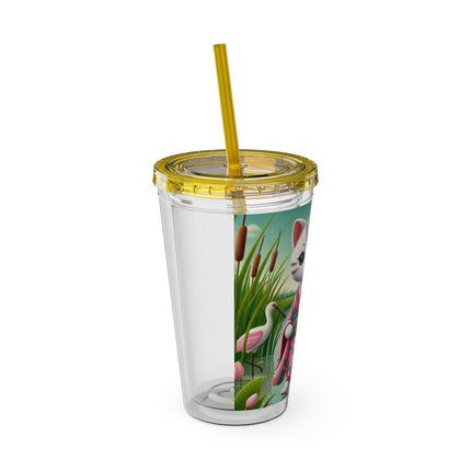 Geisha Kitten Strolls Among the Spoonbills Sunsplash Tumbler with Straw, 16oz