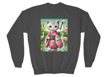 Geisha Kitten Strolls Among the Spoonbills Youth Crewneck Sweatshirt