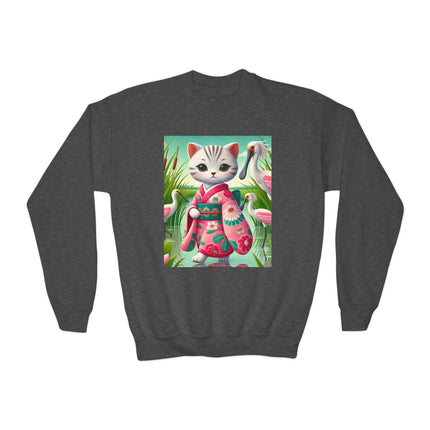 Geisha Kitten Strolls Among the Spoonbills Youth Crewneck Sweatshirt – Grace, Nature & Whimsical Elegance