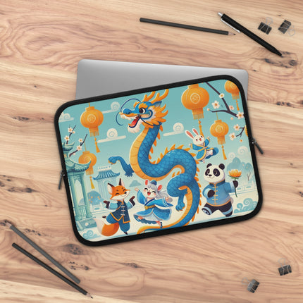Blue & Gold Dragon Festival Parade Laptop Sleeve – Joyful Celebration & Cultural Magic
