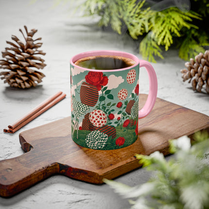 🌹💚 The Scarlet Rose Checkerboard Garden Colorful Mug – Art Deco Floral Whimsy