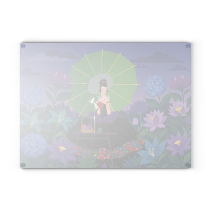 🧶🌸 The Lady Of The Lotus Threads Glass Cutting Board – Art Deco Floral Sewing Elegance