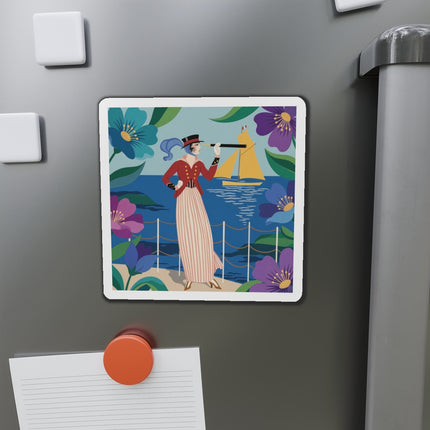 🌊🔭 The Lady Of The Seaside Lookout Die-Cut Magnets – Art Deco Nautical Adventure