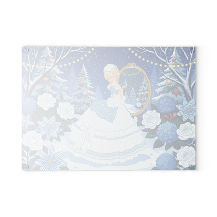 ❄️🌹 The Lady Of The Winter Rose Garden Glass Cutting Board – Art Deco Holiday Elegance