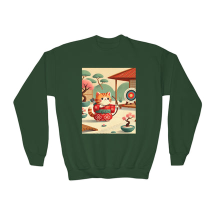 Archer Kitten in the Zen Garden Youth Crewneck Sweatshirt – Focus, Calm & Playful Precision