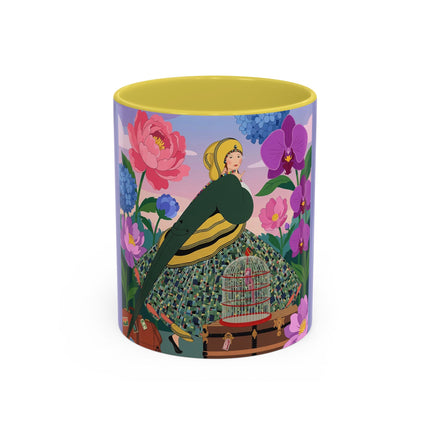 The Lady And The Crimson Birdcage Colorful Mugs – Art Deco Tropical Garden Elegance