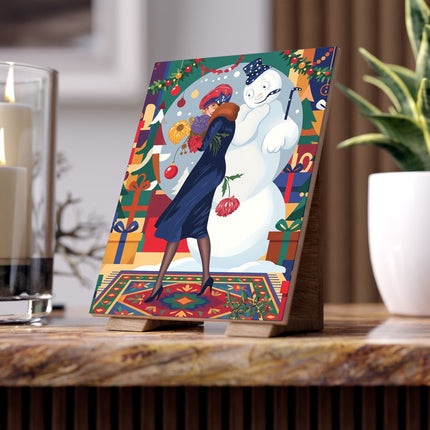 ☃️🌸 The Snowman's Christmas Companion Ceramic Tile – Art Deco Holiday Fantasy