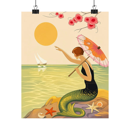 🧜‍♀️🌸 The Lady Of The Seaside Parasol Matte Vertical Poster – Art Deco Mermaid Fantasy