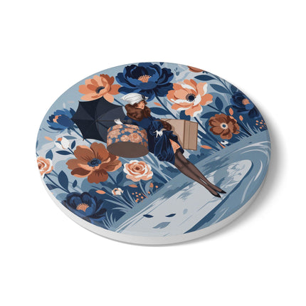 ☂️🌺 The Lady Of The Traveling Garden Ceramic Coaster – Art Deco Floral Adventure