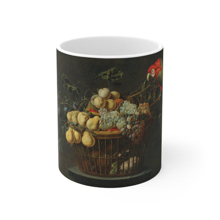Still Life of a Basket of Fruit with a Parrot by Adriaen van Utrecht 11 oz Ceramic Mug