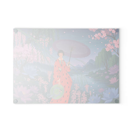 🌸☂️ The Lady Of The Lotus Garden Glass Cutting Board – Art Deco Oriental Floral Elegance