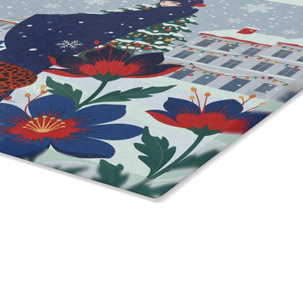 🐆❄️ The Lady And The Christmas Leopard Glass Cutting Board – Art Deco Winter Fantasy