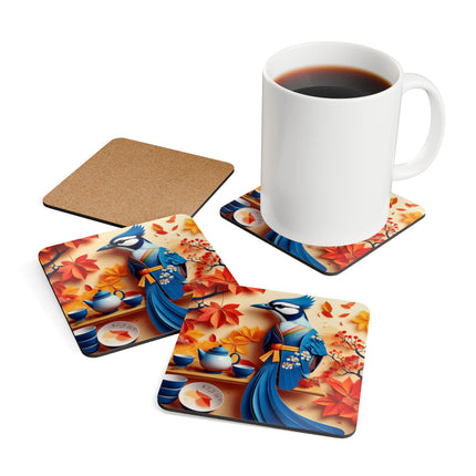 Blue Jay at an Autumn Tea Ceremony Corkwood Coaster Set