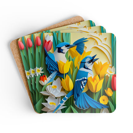 Blue Jays in a Spring Garden Corkwood Coaster Set
