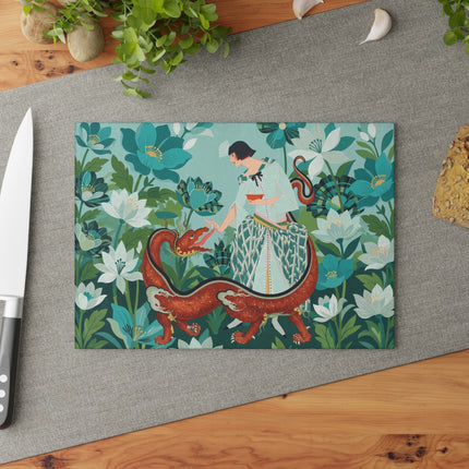 🐉🌿 The Lady And The Crimson Dragon Glass Cutting Board – Art Deco Garden Fantasy