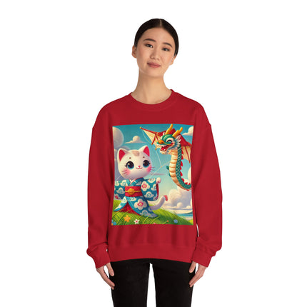 Geisha Kitten and the Dragon Kite Heavy Blend™ Crewneck Sweatshirt