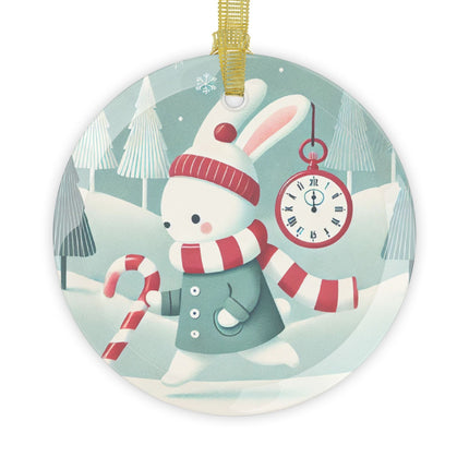 Candy Cane Timekeeper Bunny Glass Ornament