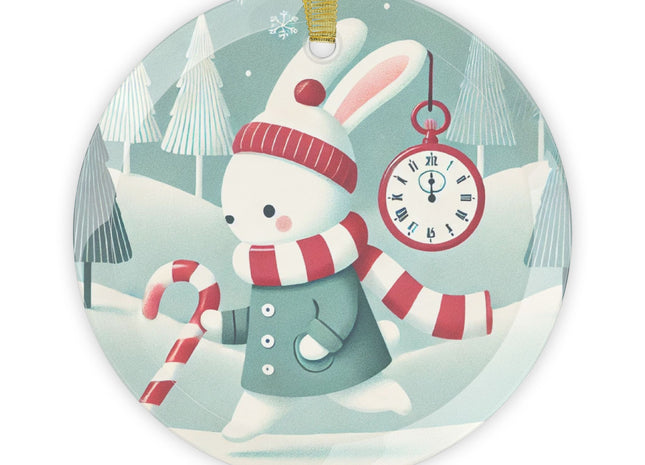 Candy Cane Timekeeper Bunny Glass Ornament