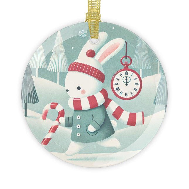 Candy Cane Timekeeper Bunny Glass Ornament