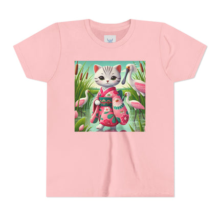 Geisha Kitten Strolls Among the Spoonbills Youth Short Sleeve Tee