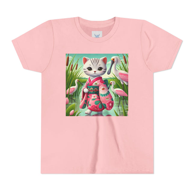 Geisha Kitten Strolls Among the Spoonbills Youth Short Sleeve Tee