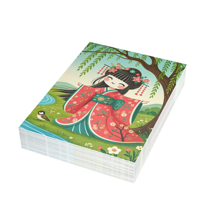🌸🐦 The Willow Garden Maiden Greeting Card – Whimsical Japanese Garden