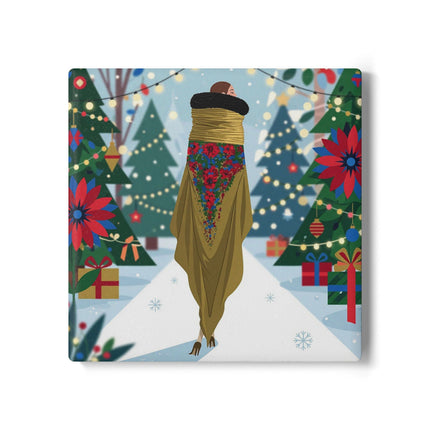 🎄🌺 The Lady Of The Christmas Shawl Ceramic Coaster – Art Deco Holiday Elegance